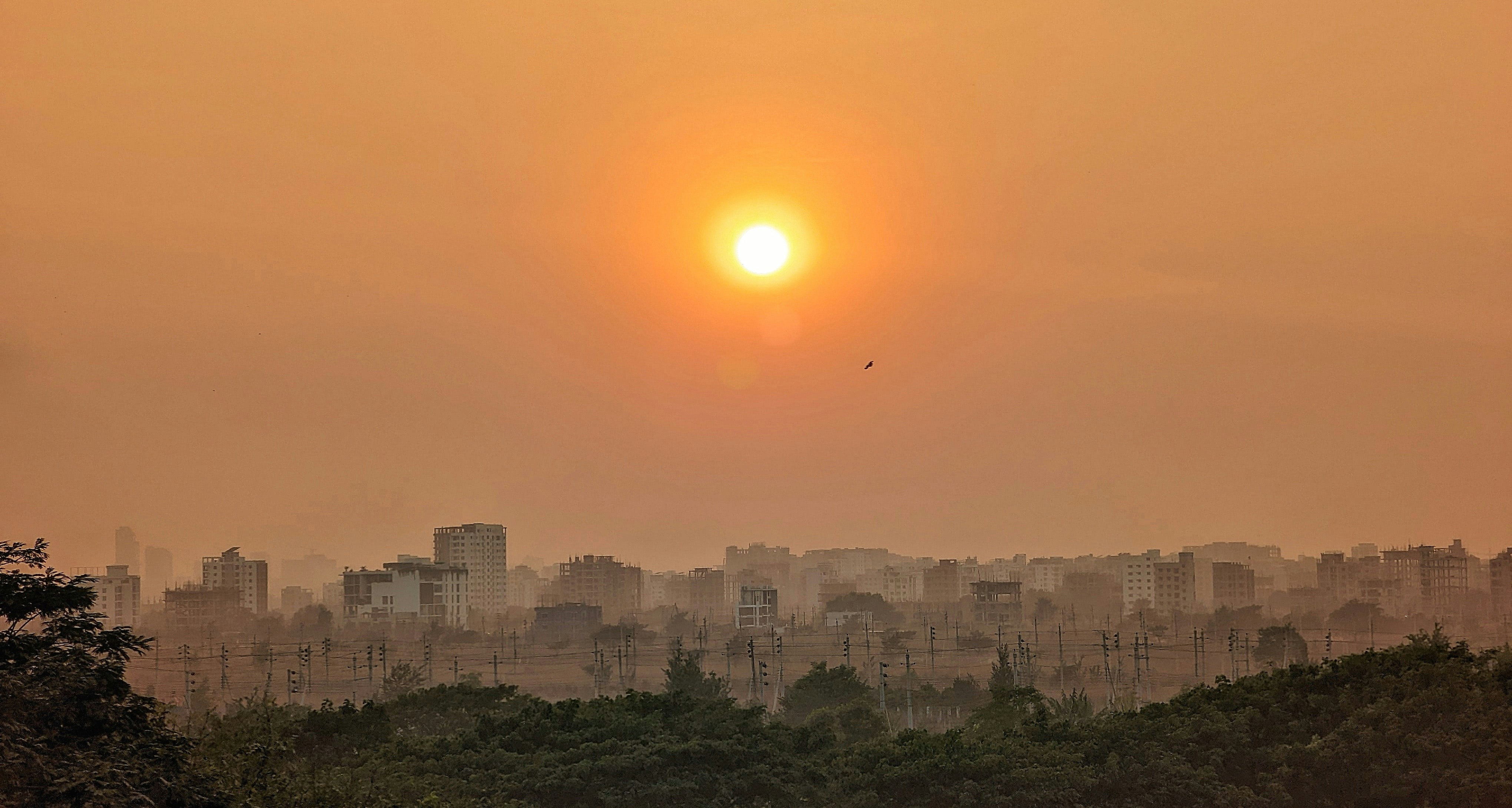 a city with a sunset
