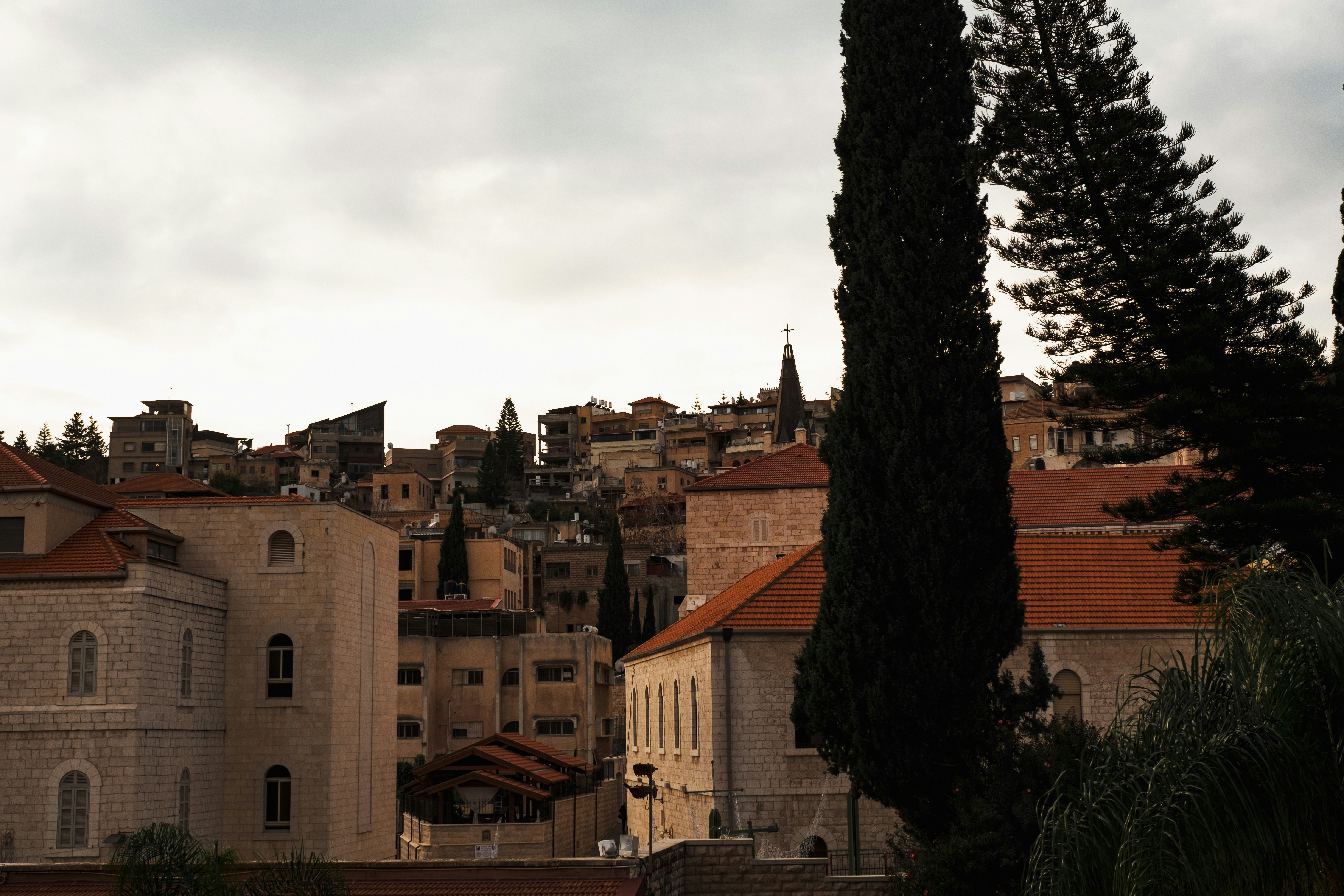 a group of buildings with trees in front of them