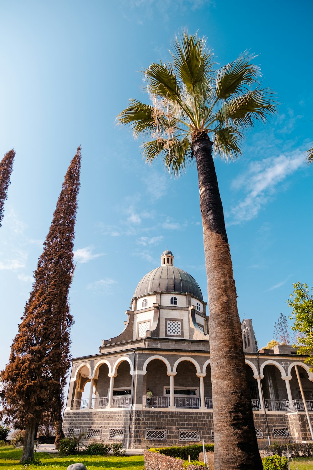 a large building with a dome and palm trees in front of it