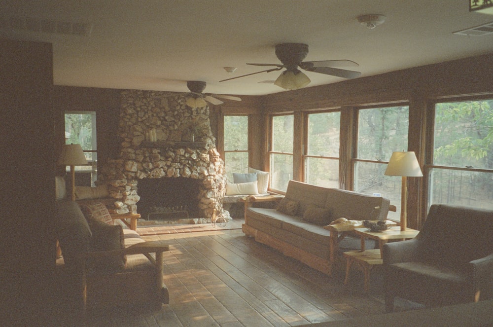 a living room with a fireplace