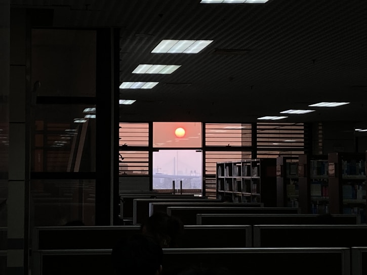 Interior view of a warm, inviting law office with bookshelves and sunlight filtering through the window.
