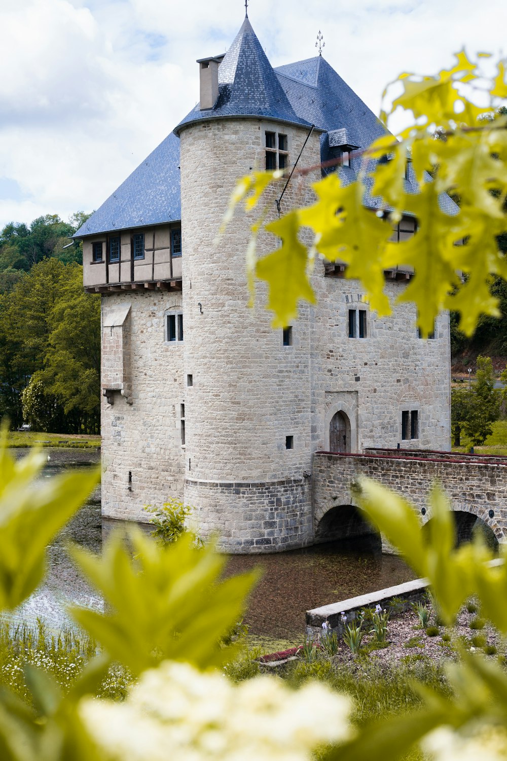 a castle with a blue roof