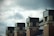 A series of brick chimneys with dark caps are aligned on the roof of a building. Several seagulls are perched atop the chimneys, and the sky is overcast with a mix of clouds, creating a dramatic backdrop.