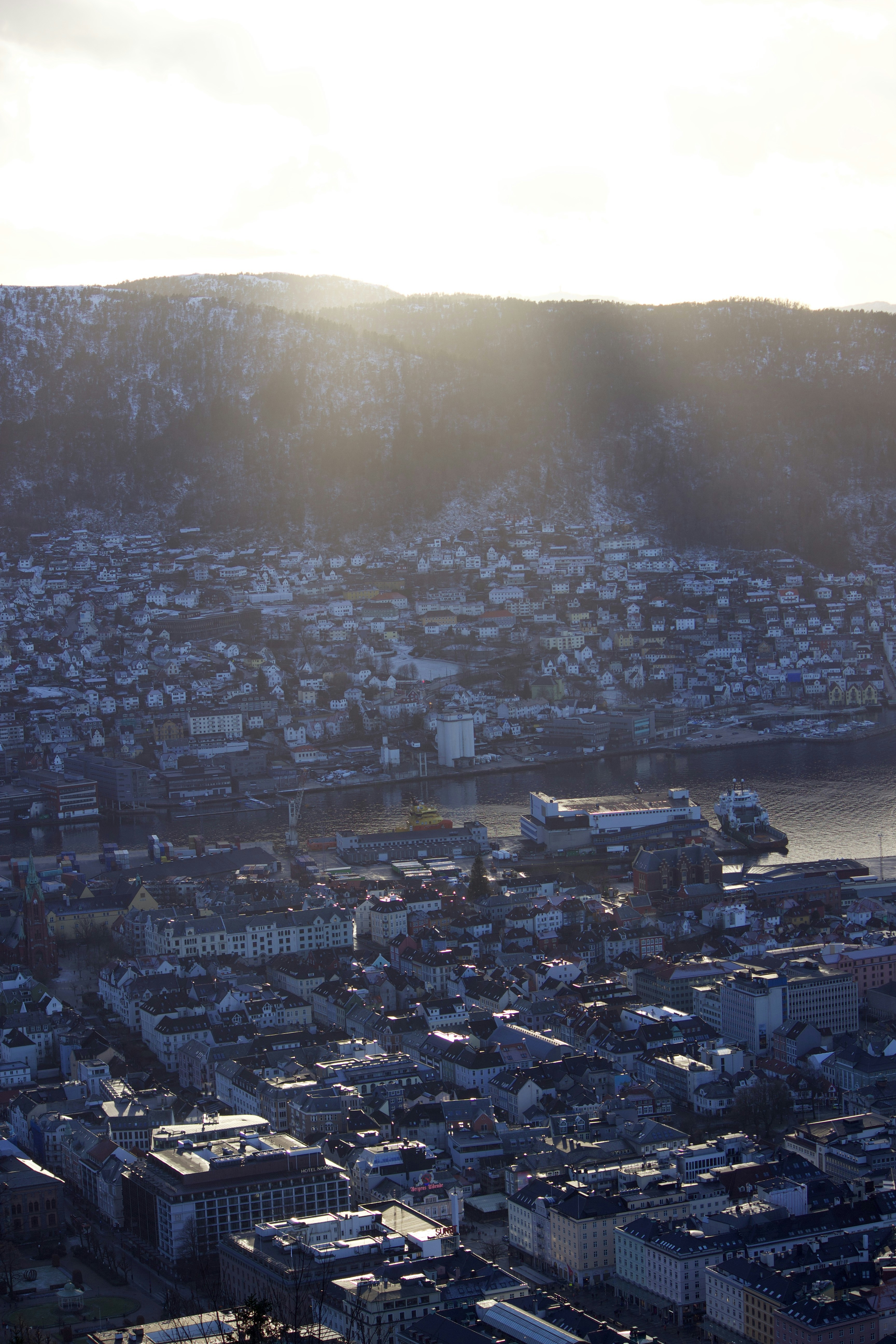 a city with buildings and a river