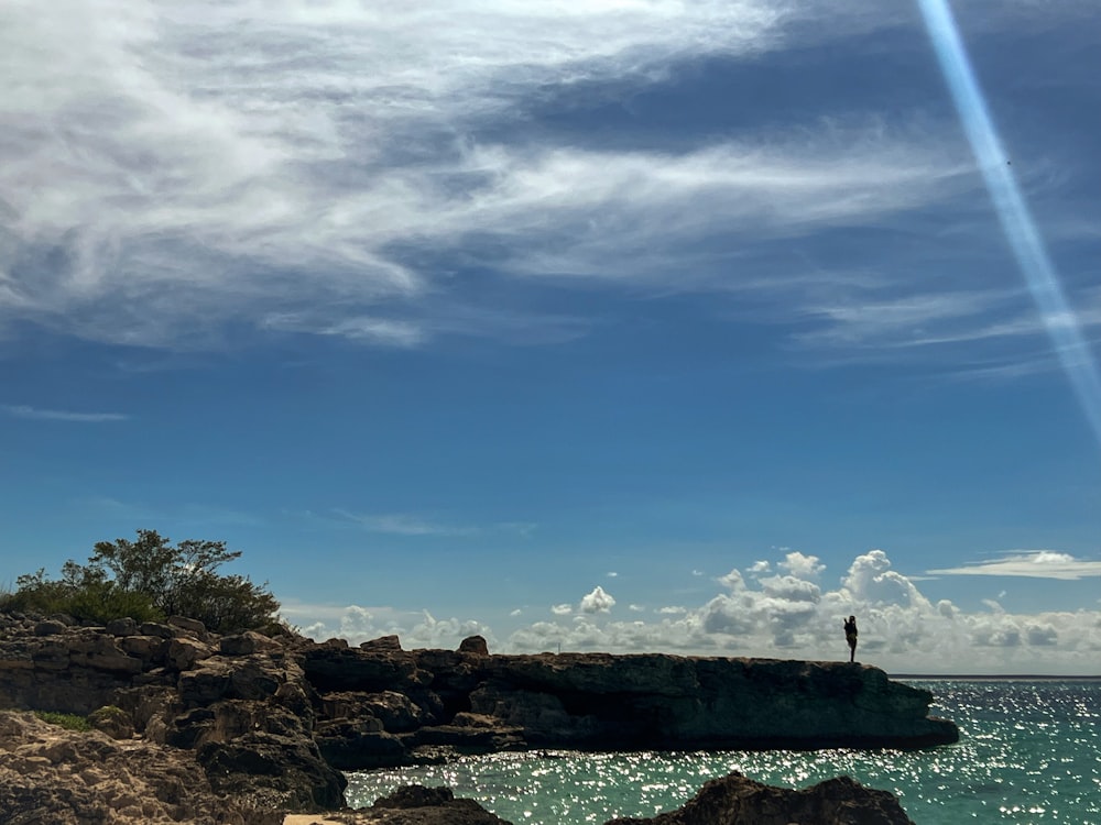 a person standing on a rock in the water