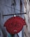 A circular red sign with a black illustration of a bicycle is affixed to a wall. The sign has text in German, 'Radspannerei Service & Ersatzteile,' indicating a bicycle service and parts shop. The metal frame holding the sign has a gear-like element on the side.