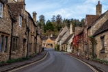 A charming village street lined with stone houses and blooming flowers.