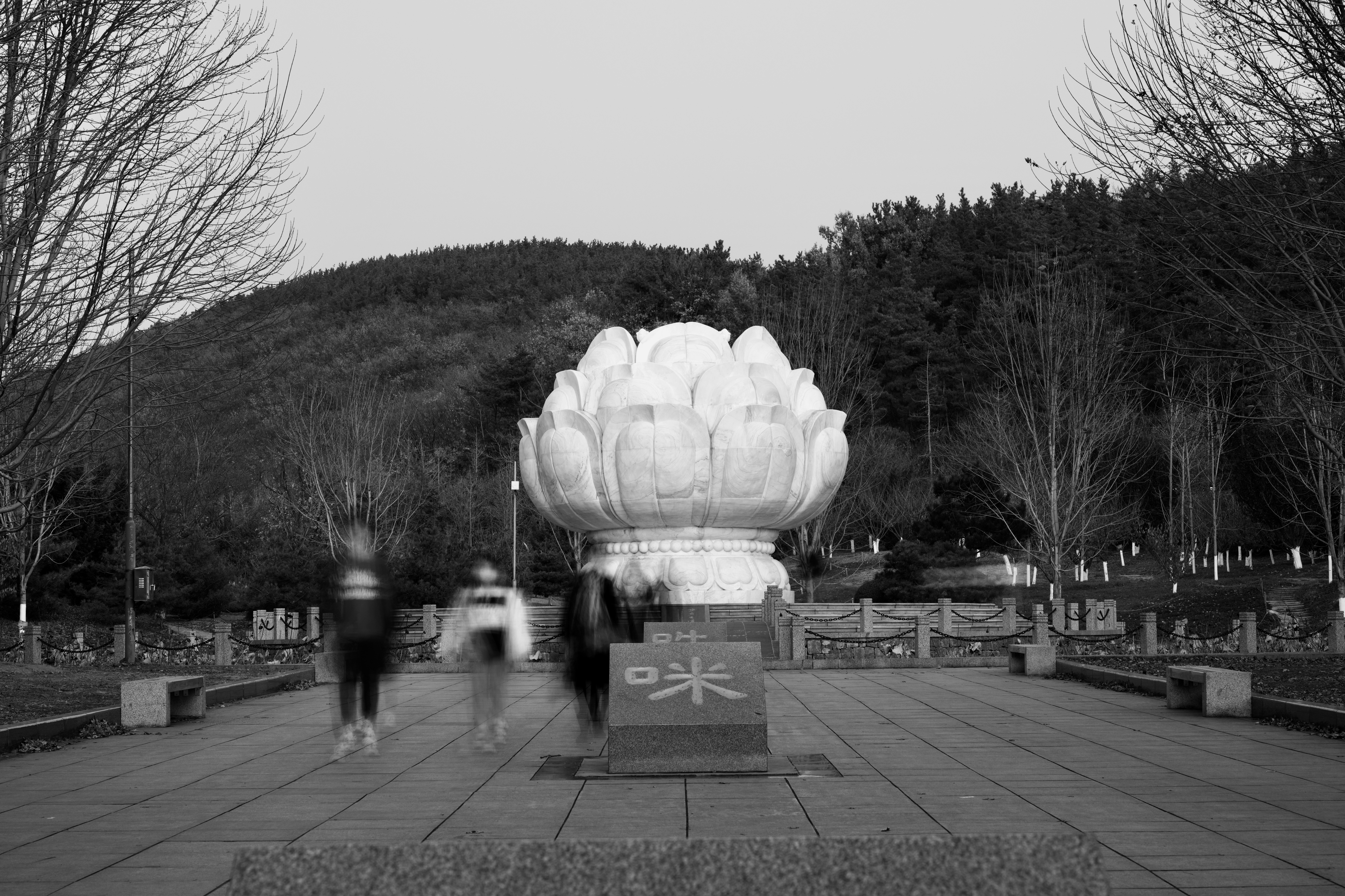 A black and white photo of people walking in a park