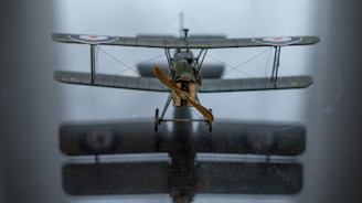 A model biplane is centered on a reflective surface, showcasing its front view. It features two main wings, a detailed propeller, and roundel markings on the wings. The reflection on the surface adds to the intricacy of the image.