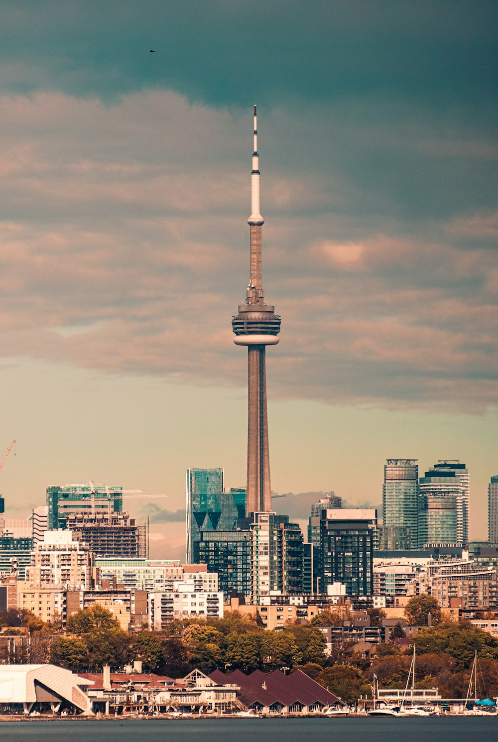 a view of a city with a tower in the background