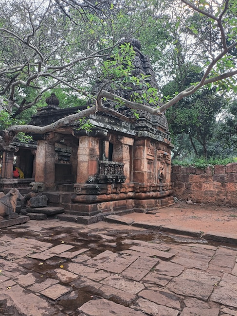 A serene, ancient stone structure surrounded by lush green trees. The temple is adorned with intricate carvings and has a weathered appearance, indicating its historical significance. The stone path in front is slightly wet, suggesting recent rain. The setting feels tranquil and secluded.