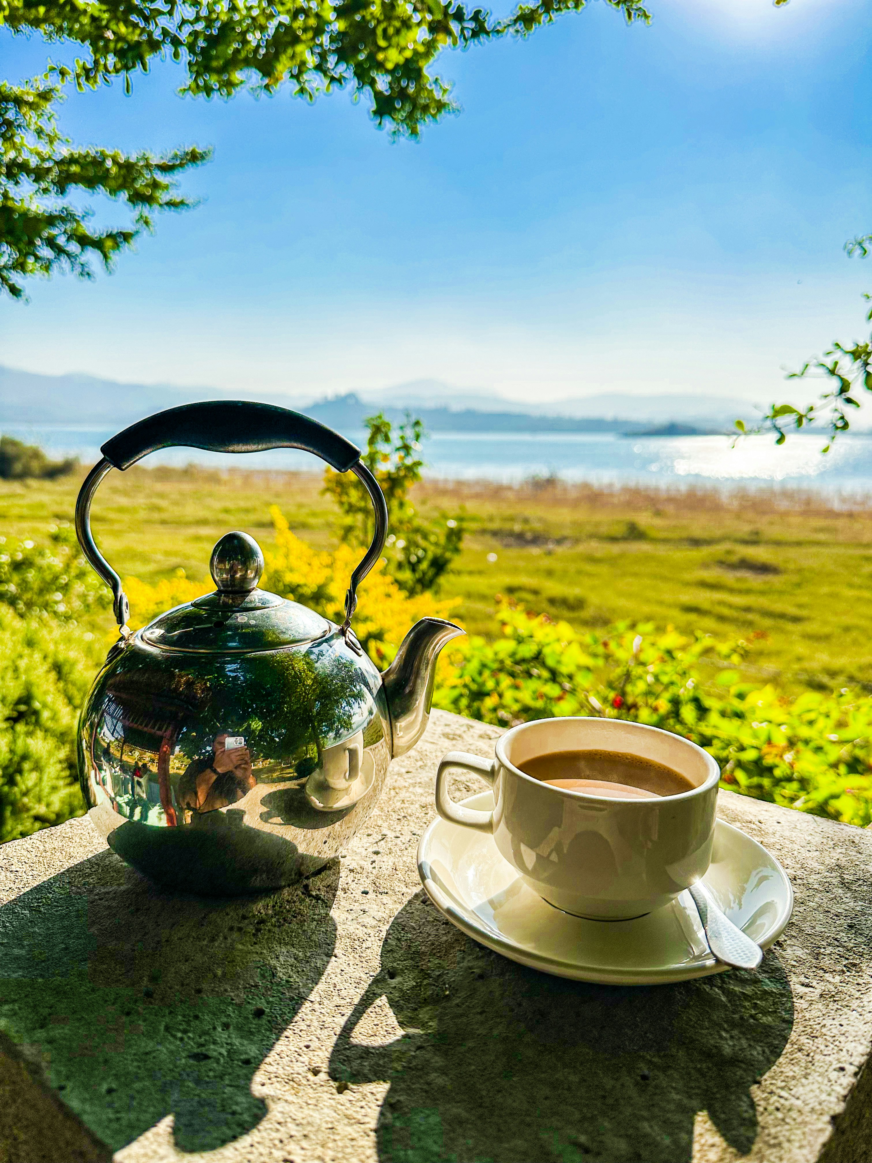 a cup of coffee and a tea kettle on a table