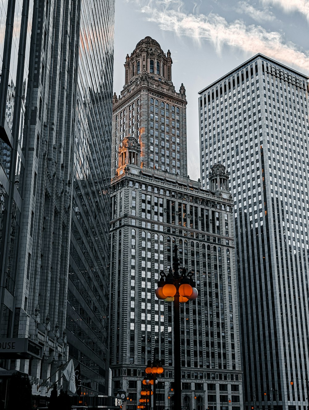 a city with tall buildings and a street light