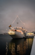A large white ship is docked at the harbor, adorned with string lights along its top deck. The ship, named 'Lady Hutton Stockholm,' displays a Swedish flag at the stern. The calm water below reflects the lights, contributing to a serene atmosphere during dusk, as the sky appears overcast.
