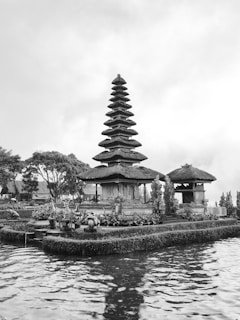 a black and white photo of a pagoda in the water