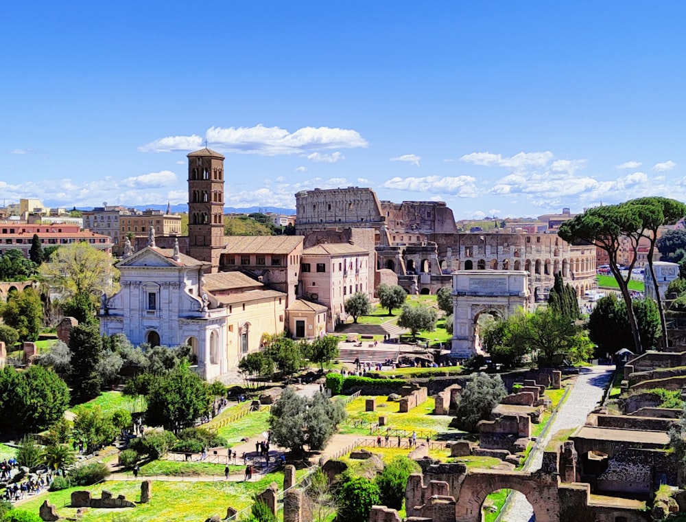 an aerial view of a city with ancient buildings