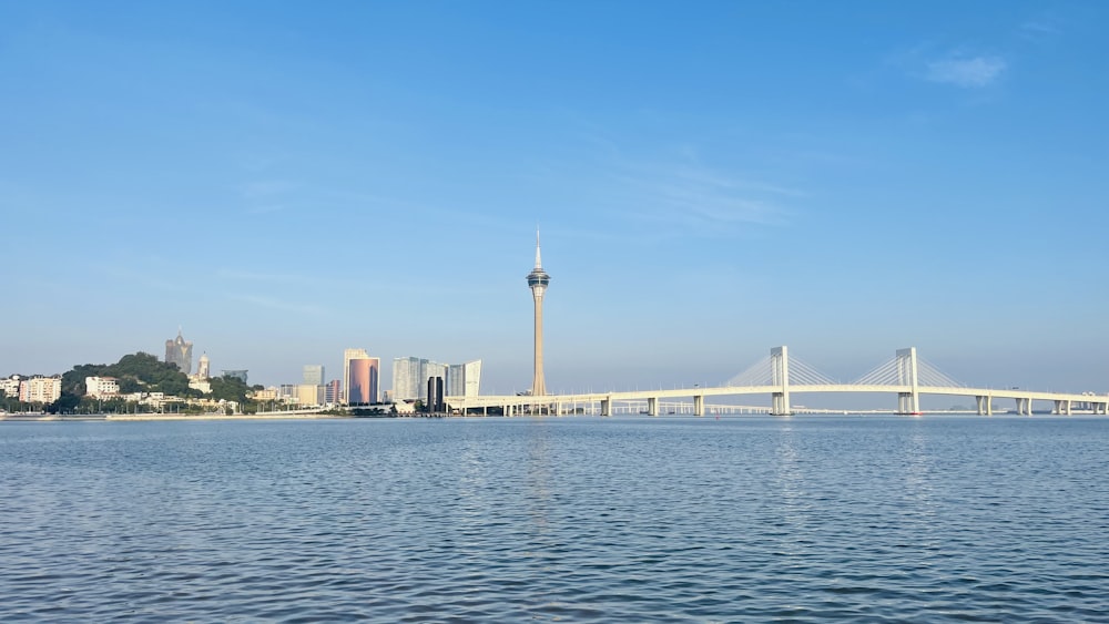 a bridge over a body of water with a city in the background