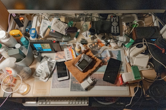 A cluttered desk is filled with a variety of everyday items including a monitor, remote control, game controller, smartphone, and various bottles and containers. Cables and electronic devices are scattered around, alongside papers and personal care products, creating a busy and chaotic impression.