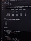A computer screen displaying a coding interface with Python code related to machine learning. The code imports libraries like sklearn and deals with model metrics such as precision and recall. A classification report is shown along with a section titled 'Different meta model trained' listing various models like DT, RF, LR, and XGB. Below, there is code for tuning an XGB model using GridSearchCV.