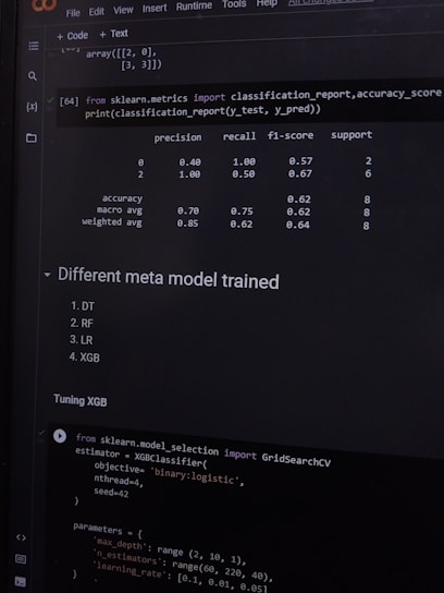A computer screen displaying a coding interface with Python code related to machine learning. The code imports libraries like sklearn and deals with model metrics such as precision and recall. A classification report is shown along with a section titled 'Different meta model trained' listing various models like DT, RF, LR, and XGB. Below, there is code for tuning an XGB model using GridSearchCV.