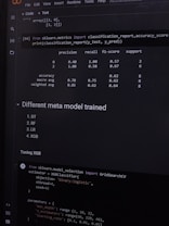 A computer screen displaying a coding interface with Python code related to machine learning. The code imports libraries like sklearn and deals with model metrics such as precision and recall. A classification report is shown along with a section titled 'Different meta model trained' listing various models like DT, RF, LR, and XGB. Below, there is code for tuning an XGB model using GridSearchCV.