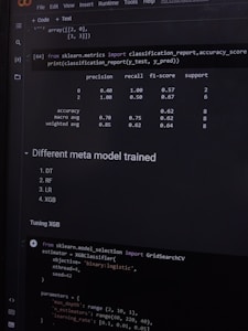 A computer screen displaying a coding interface with Python code related to machine learning. The code imports libraries like sklearn and deals with model metrics such as precision and recall. A classification report is shown along with a section titled 'Different meta model trained' listing various models like DT, RF, LR, and XGB. Below, there is code for tuning an XGB model using GridSearchCV.