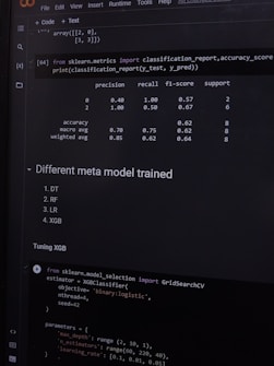 A computer screen displaying a coding interface with Python code related to machine learning. The code imports libraries like sklearn and deals with model metrics such as precision and recall. A classification report is shown along with a section titled 'Different meta model trained' listing various models like DT, RF, LR, and XGB. Below, there is code for tuning an XGB model using GridSearchCV.