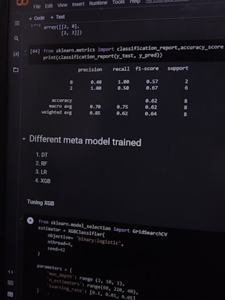 A computer screen displaying a coding interface with Python code related to machine learning. The code imports libraries like sklearn and deals with model metrics such as precision and recall. A classification report is shown along with a section titled 'Different meta model trained' listing various models like DT, RF, LR, and XGB. Below, there is code for tuning an XGB model using GridSearchCV.