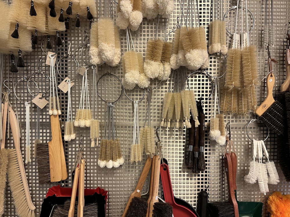 a bunch of hair brushes hanging on a wall