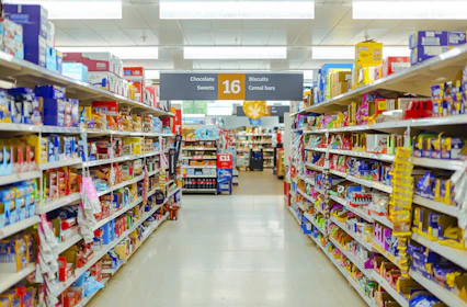 a grocery store aisle filled with lots of food
