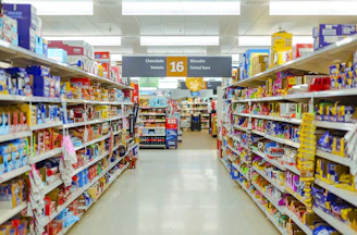 a grocery store aisle filled with lots of food