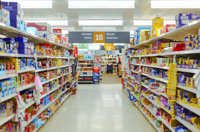 a grocery store aisle filled with lots of food