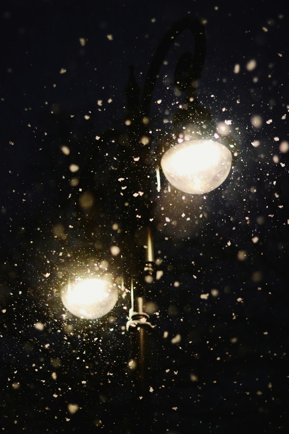 a street light with snow falling on it