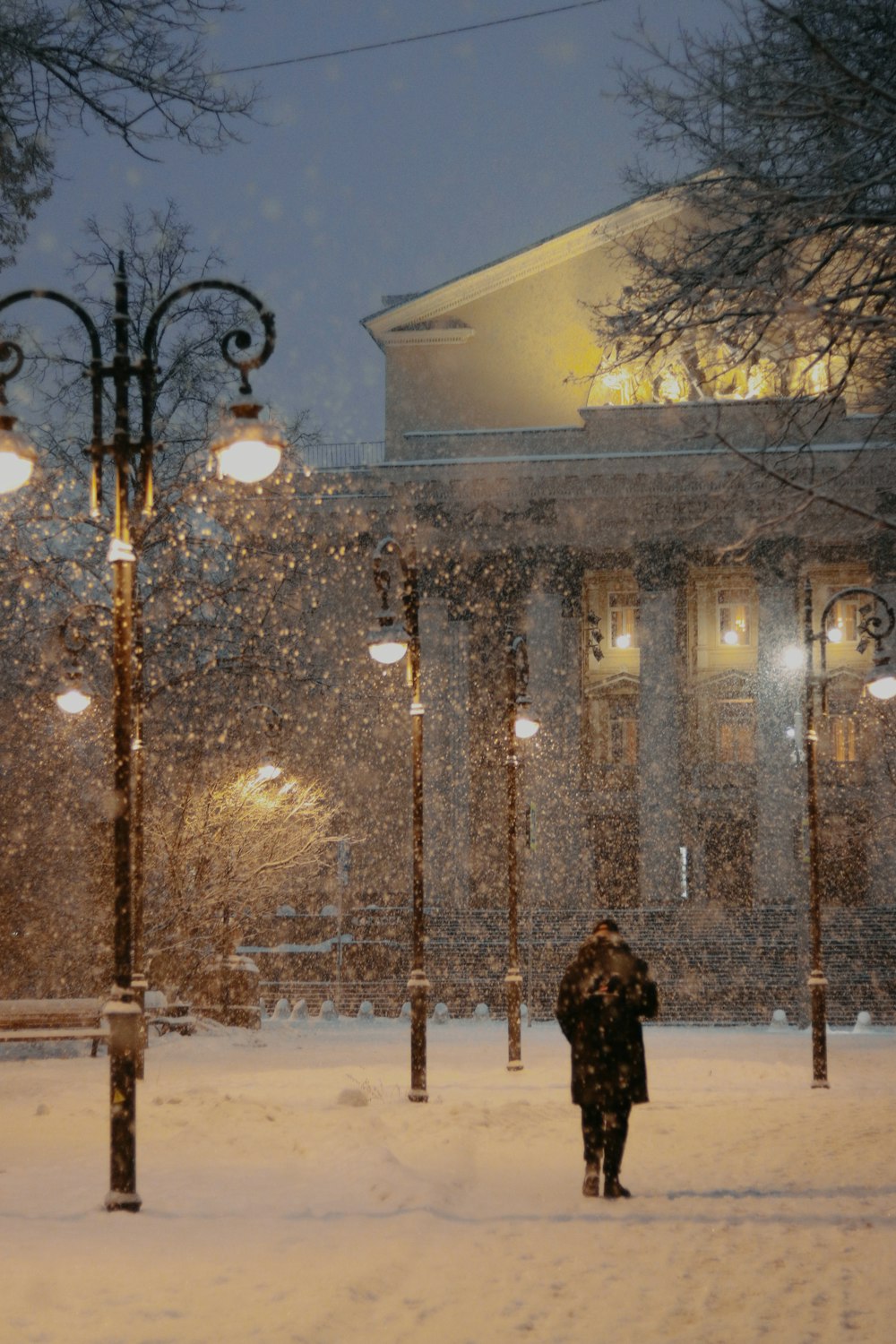 a person walking in the snow in front of a building