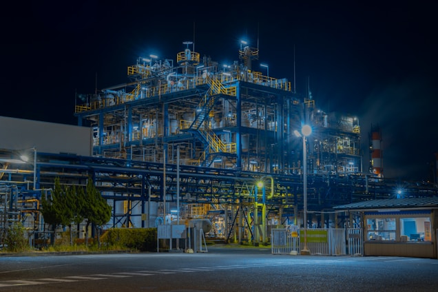 Modern industrial facility illuminated by advanced LED lighting showcasing Glowell Industries' expertise.