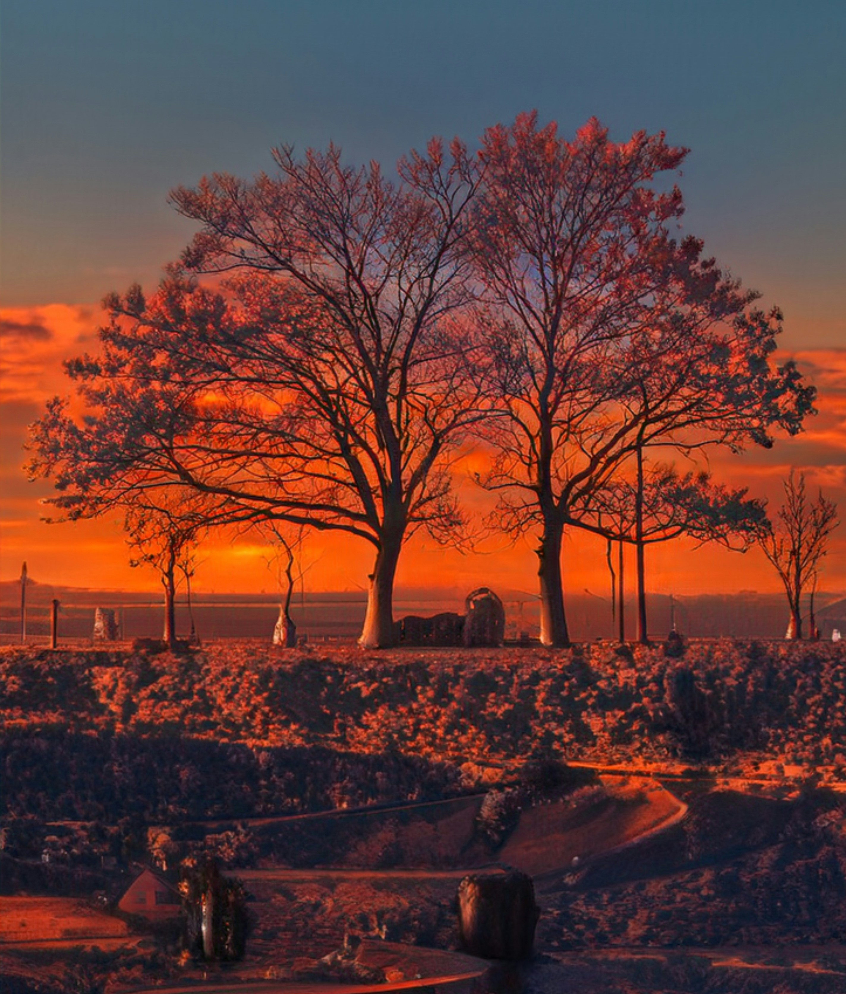 A painting of two trees in a field at sunset photo – Free Sunset Image ...