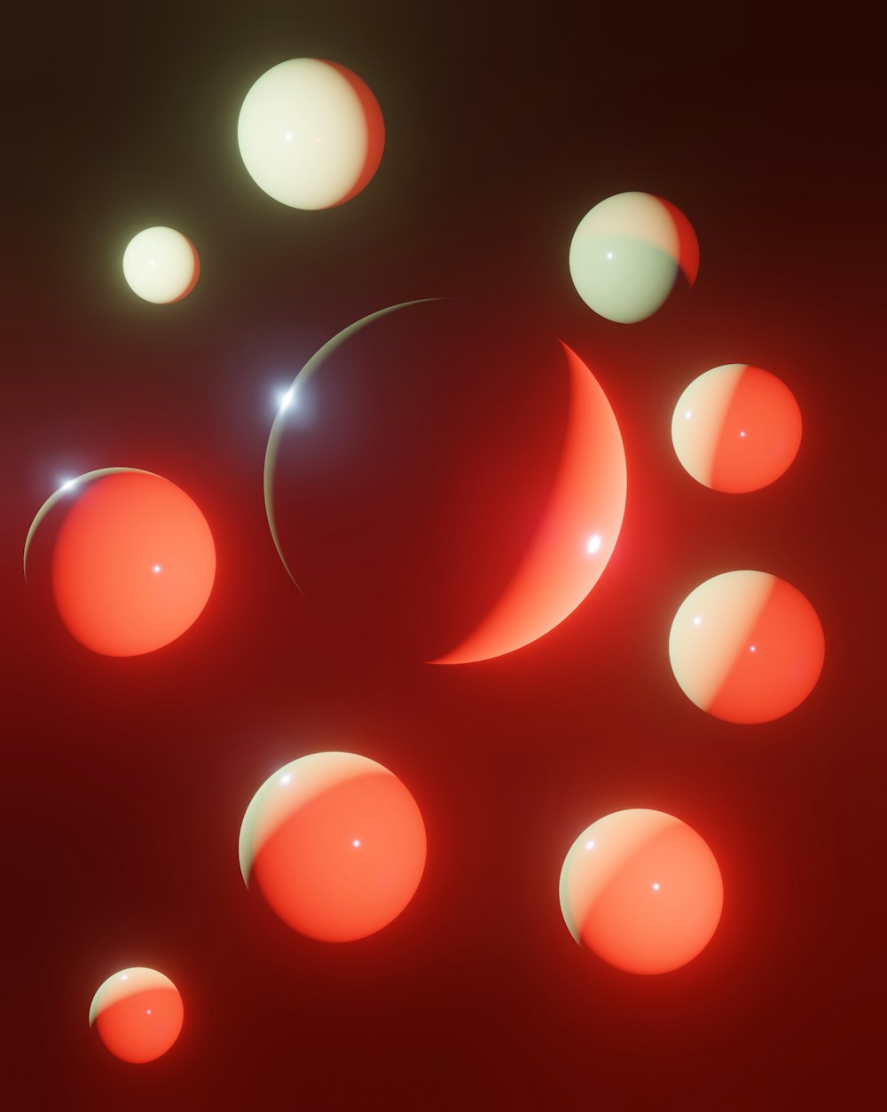 a group of red and white balls on a black background