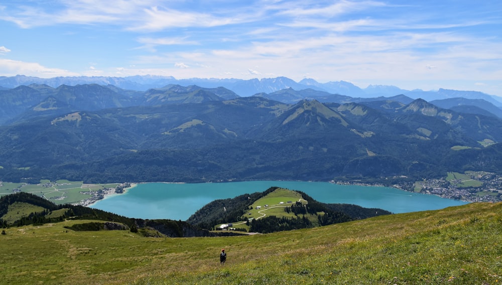 a person standing on top of a lush green hillside