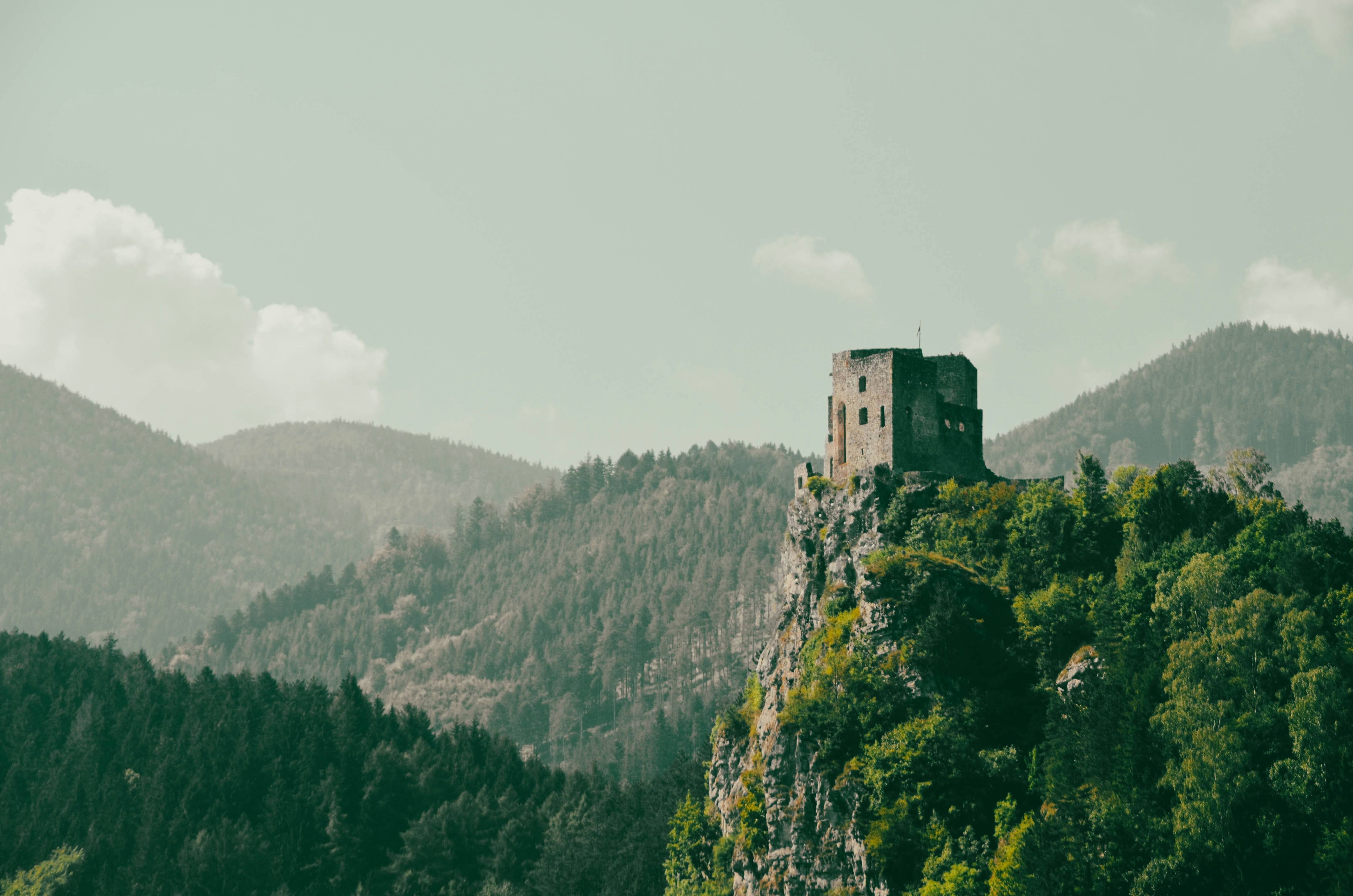 A castle on top of a mountain surrounded by trees photo – Free Castle ...
