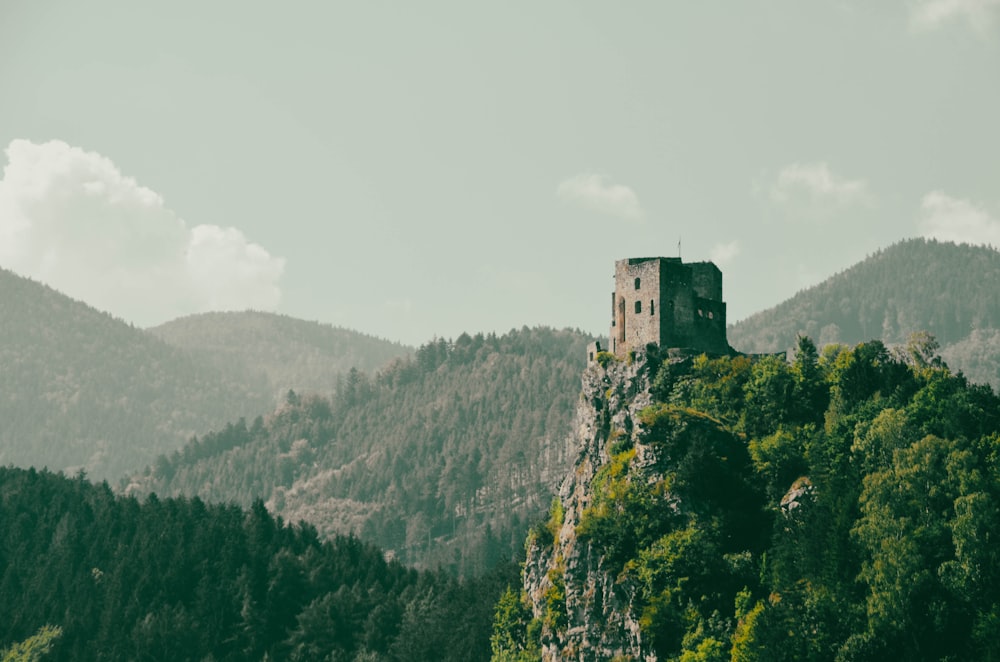 a castle on top of a mountain surrounded by trees