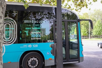 A modern electric bus with a blue and silver color scheme is parked on a city street. The side of the bus has markings indicating it is 100% electric, along with the logo of EMT Madrid. The scene is surrounded by trees and there is a building in the background. Part of a tree and a streetlamp are visible in the foreground.