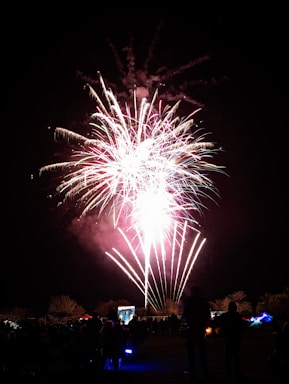A vibrant display of fireworks illuminates the night sky, with bright streaks of light and colorful bursts. Below, a crowd of silhouettes watches the spectacle, surrounded by trees and some visible tents or structures. The atmosphere is festive and lively, capturing a moment of celebration.