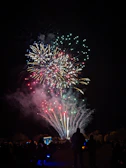 Close-up of sparkling red and blue pyrotechnics illuminating a festive crowd.