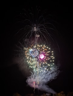 Night sky filled with cascading, twinkling fireworks in rich colors.