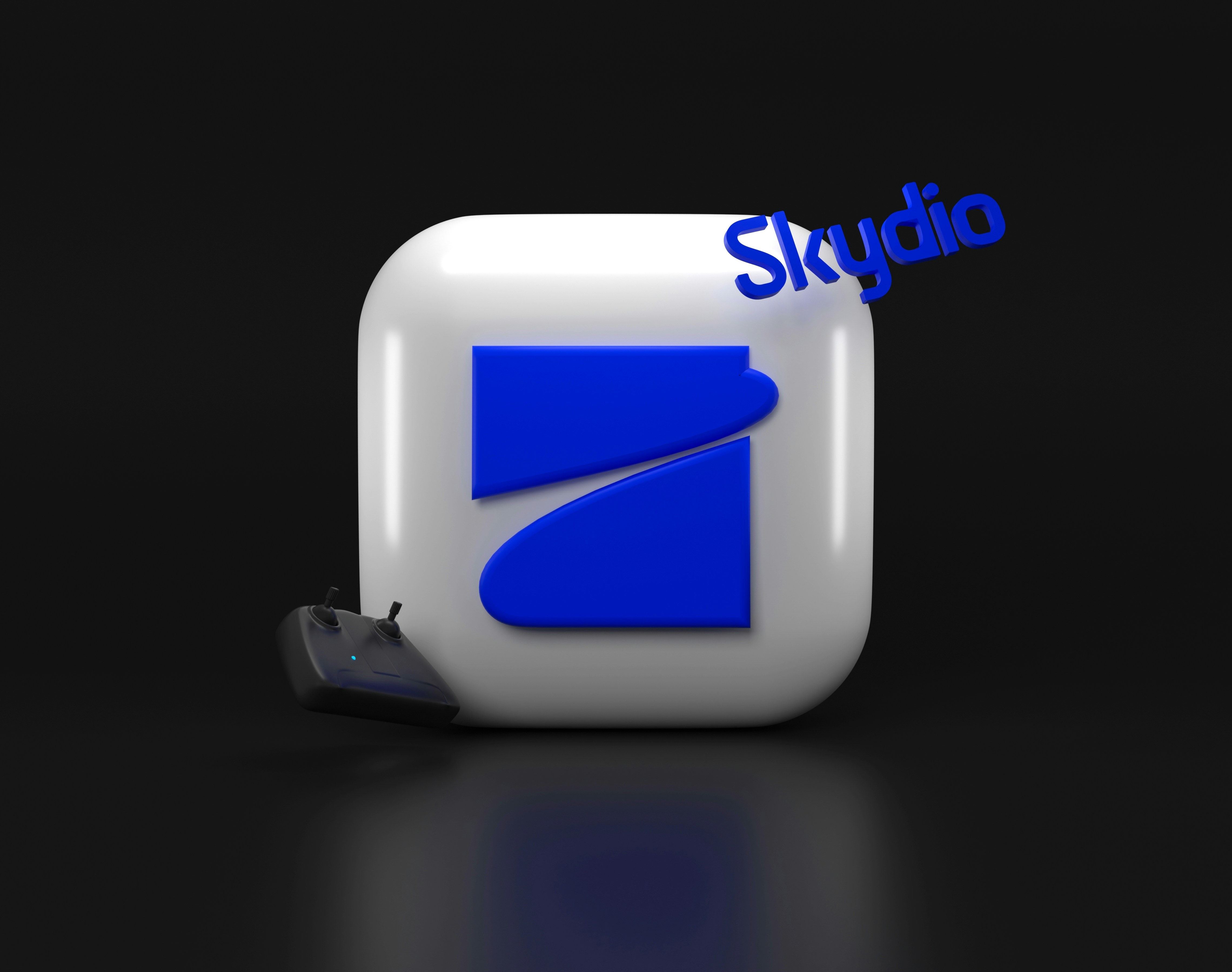 a white and blue square with the word skydio on it