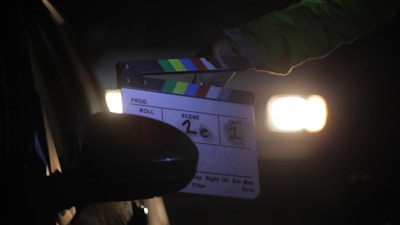 A classic movie clapboard used to signal the start of filming.