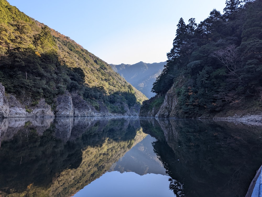 a body of water surrounded by mountains and trees