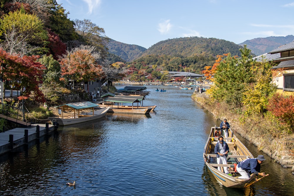 a group of people in a boat on a river