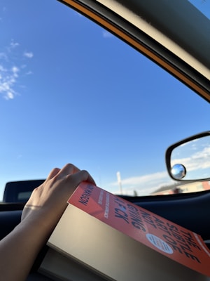 Close-up of a hand holding a well-loved paperback book against the backdrop of an open highway at sunset.