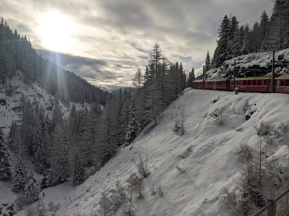 a red train traveling through a snow covered forest